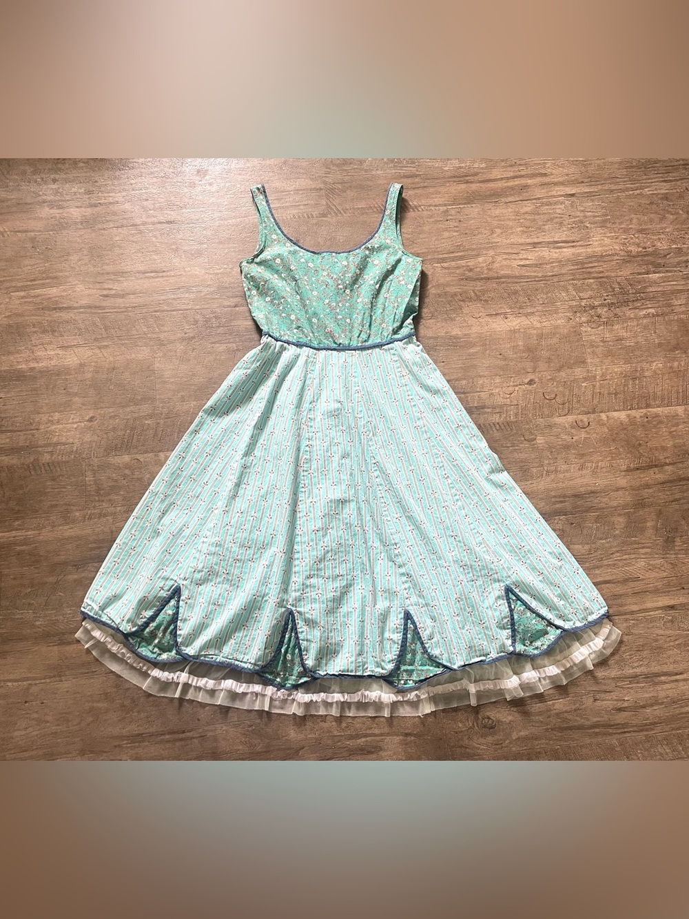 Anthropologie Snak Dress Midi Cotton w Tulle Ruffle Blue Green Zip Up Back Sz 6